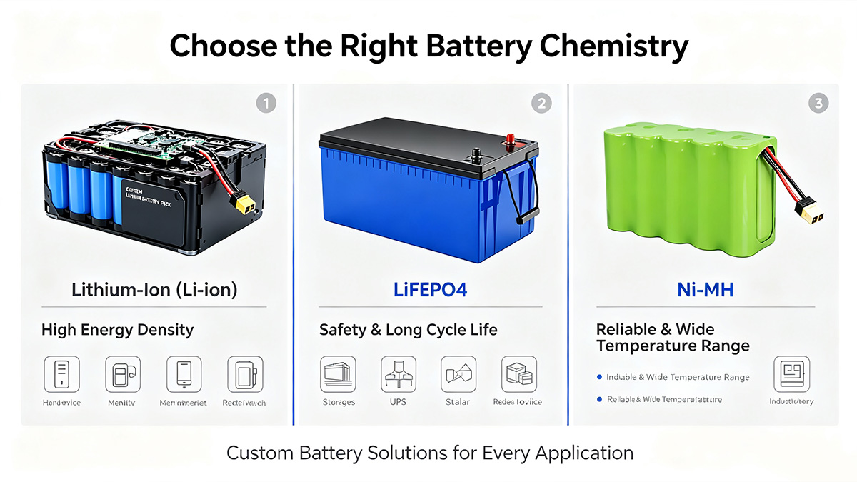 custom-battery-chemistry-comparison-Li-ion-LiFePO4-NiMH Comparison of custom battery chemistries: Li-ion LiFePO4 and Ni-MH for medical, industrial, robotics and energy storage applications