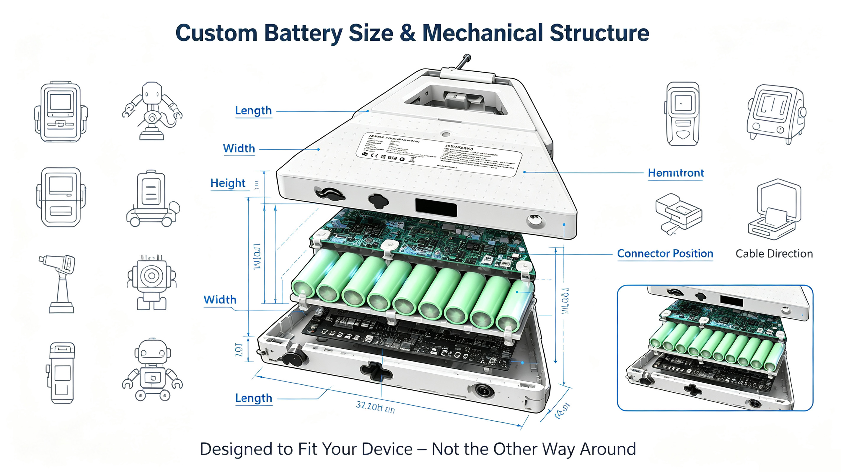 custom-battery-mechanical-dimensions-design-parameters Custom battery mechanical design parameters showing length width height connector position and cable direction for device integration