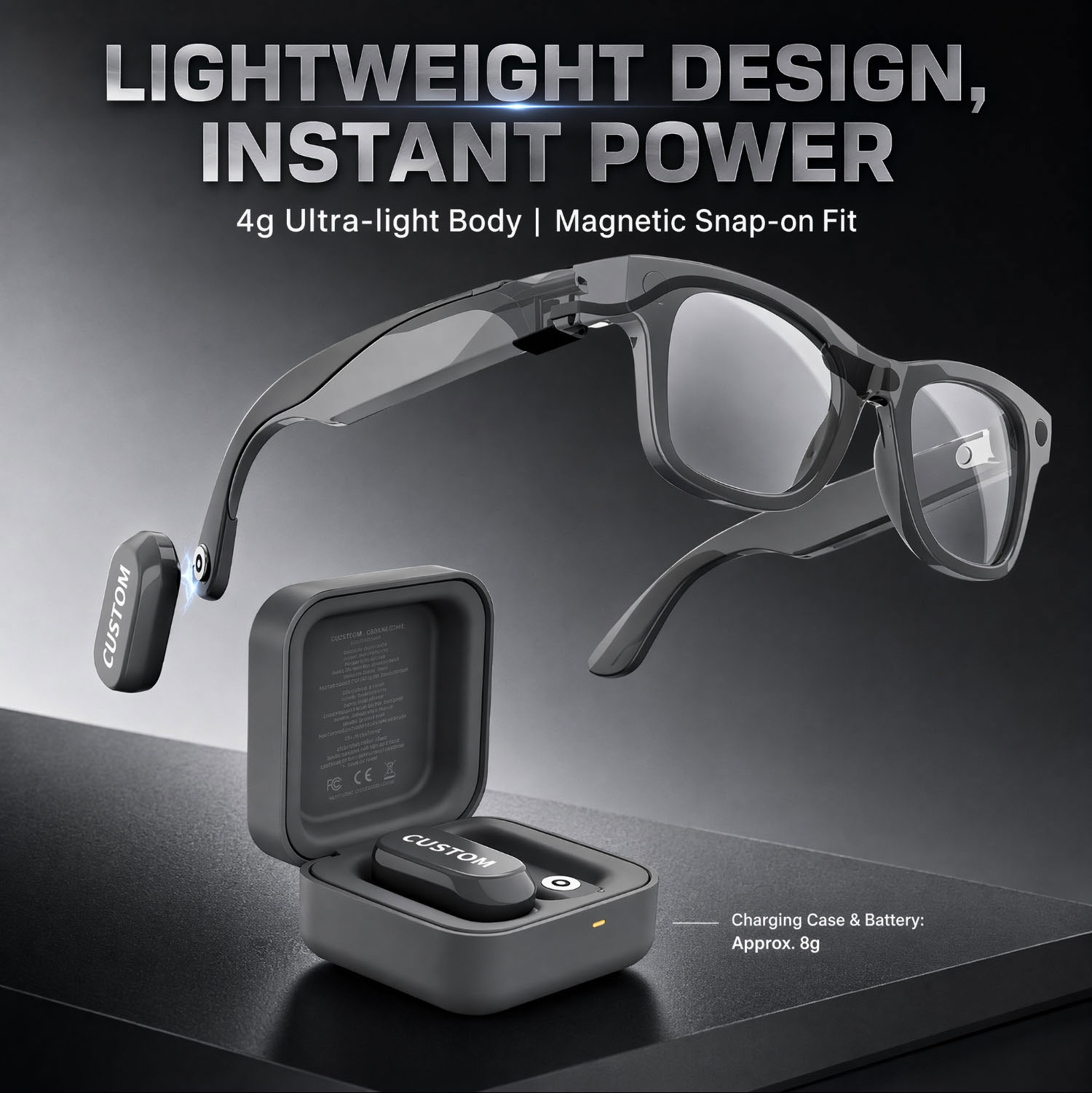 Ultra-light smart glasses battery with magnetic snap-on design Ultra-light smart glasses battery with magnetic snap-on design