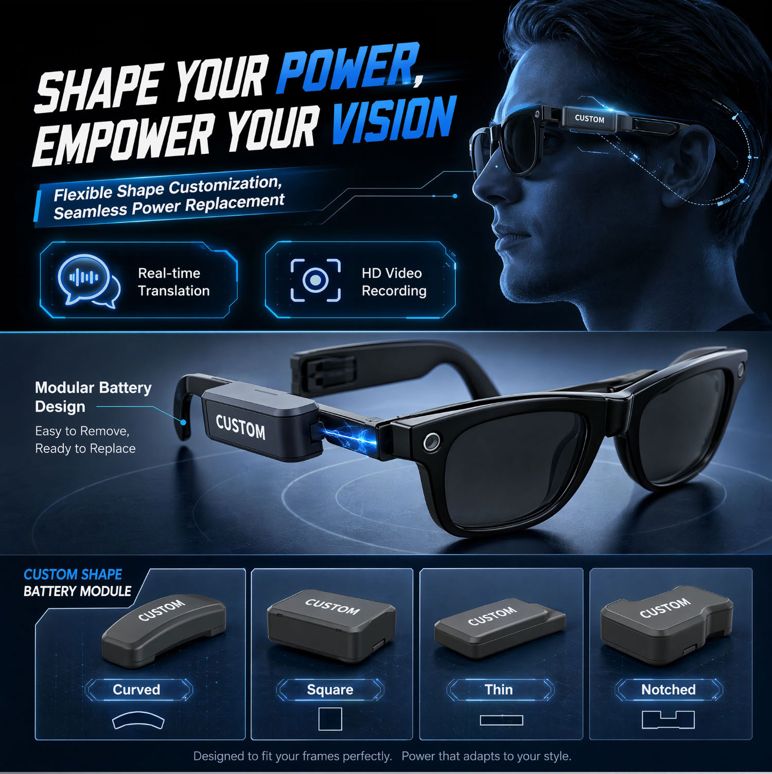 Custom smart glasses battery with flexible shape and replacement design Custom smart glasses battery with flexible shape and replacement design