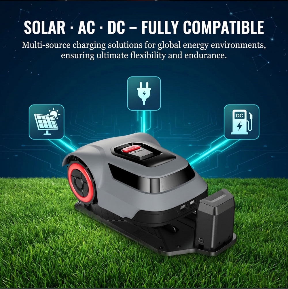 Robotic lawn mower battery with solar AC and DC charging options Robotic lawn mower battery with solar AC and DC charging options