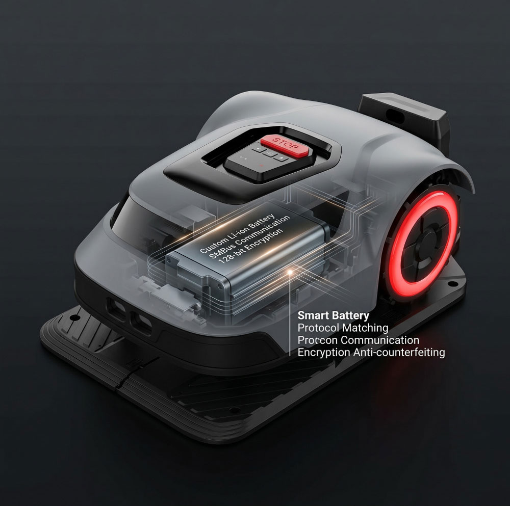 Smart robotic mower battery with communication protocol matching Smart robotic mower battery with communication protocol matching