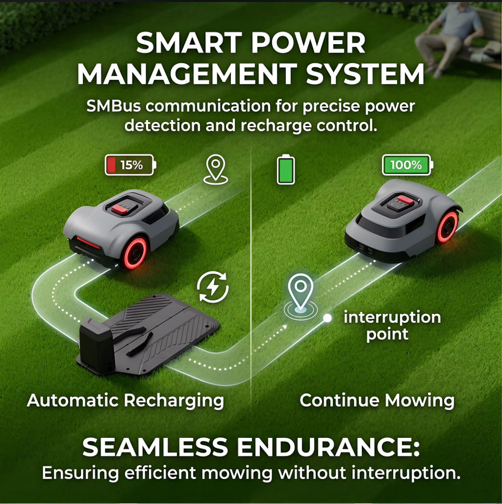 Robotic lawn mower battery with SMBus communication and smart power management Robotic lawn mower battery with SMBus communication and smart power management