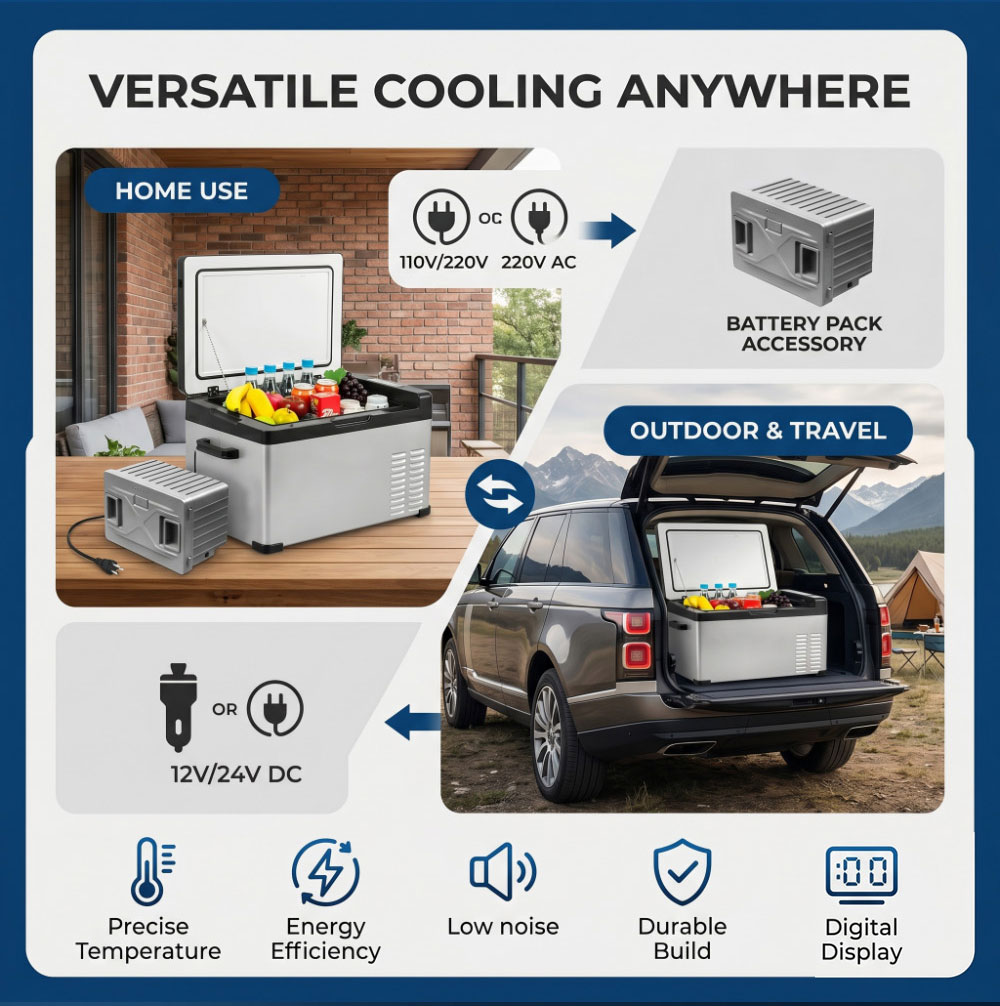 12V 24V portable fridge battery with AC and DC power options