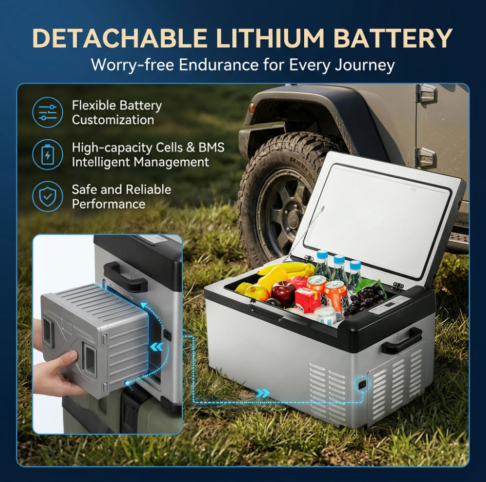 Detachable lithium battery for portable refrigerators with smart BMS