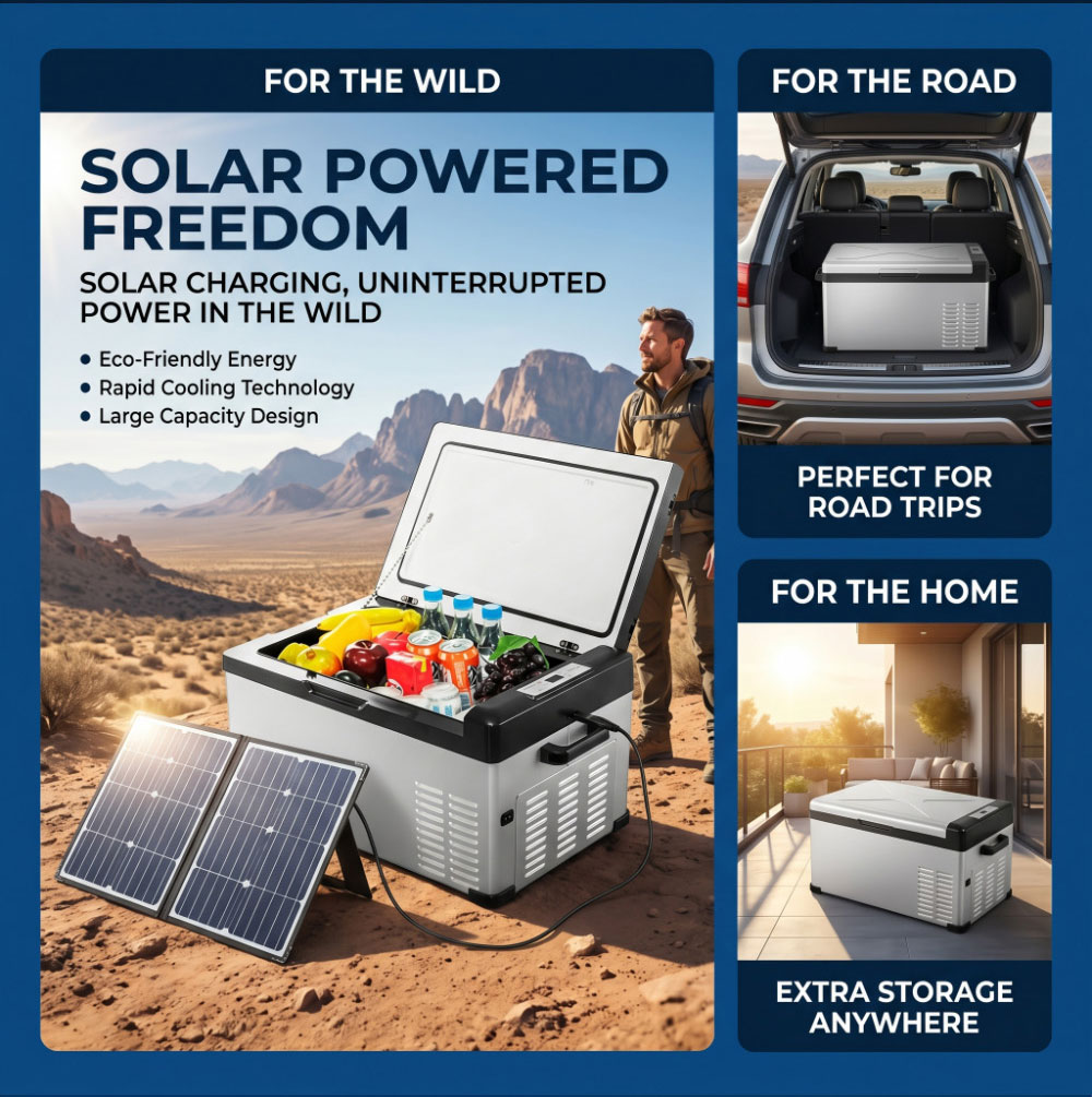 Solar powered portable fridge battery for off-grid camping