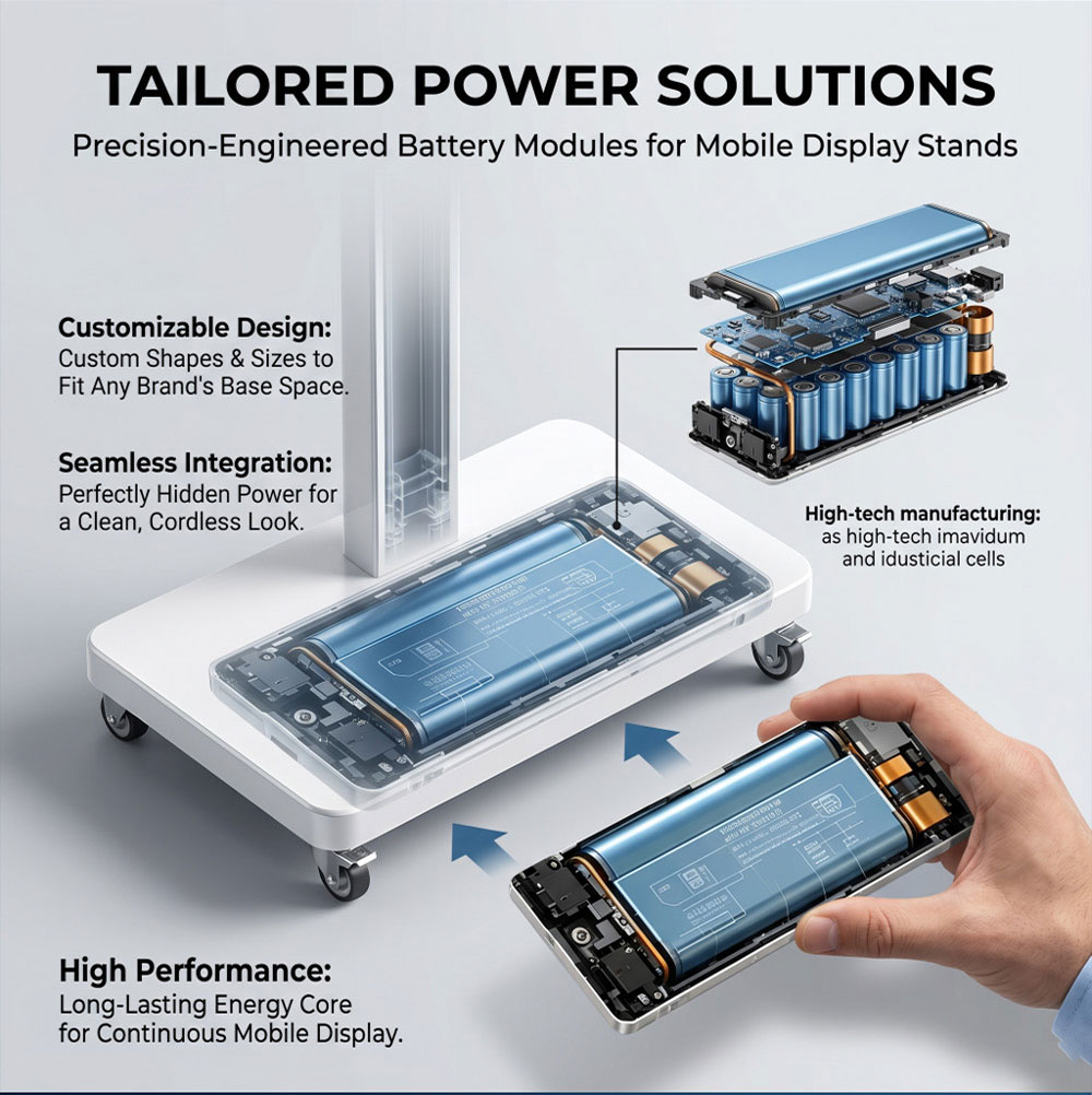 Custom battery module for mobile smart displays and floor stands Custom battery module for mobile smart displays and floor stands