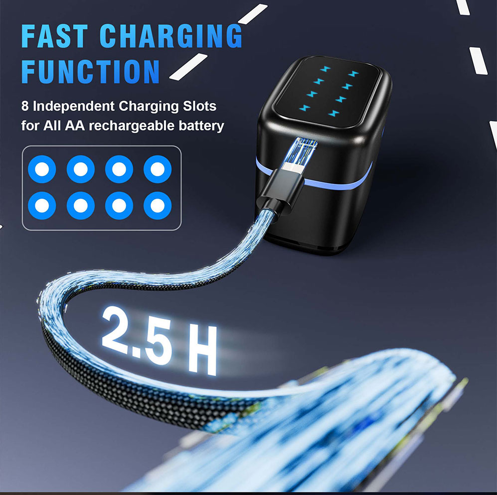 8-slot fast charger for rechargeable AA batteries