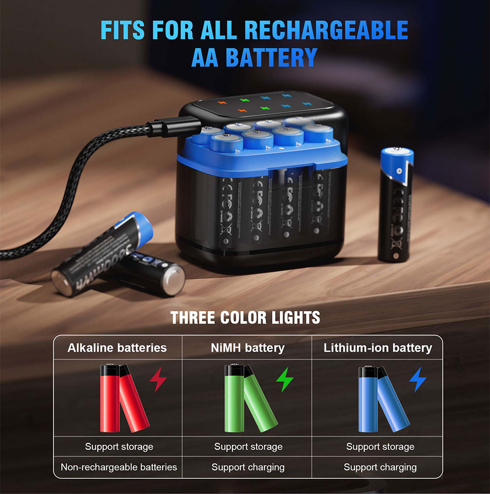 8-slot charger compatible with rechargeable AA batteries