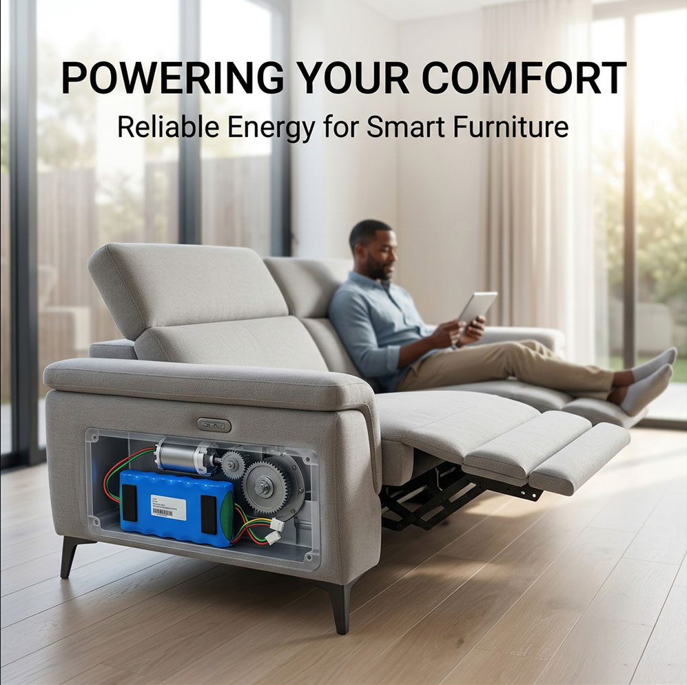 Slim LiFePO4 battery pack for power recliners with sealed design and durable wiring