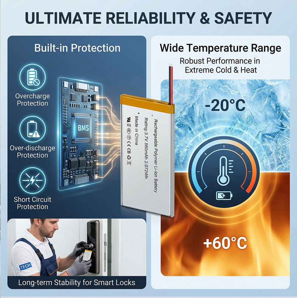 Wide-temperature battery for smart door locks with built-in safety protection Wide-temperature battery for smart door locks with built-in safety protection
