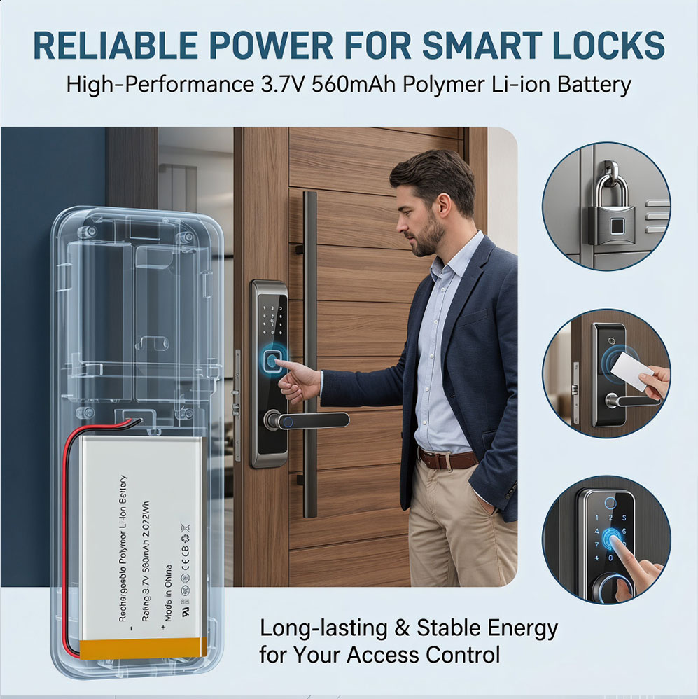 3.7V 560mAh Li-Polymer battery for smart door locks and access control systems 3.7V 560mAh Li-Polymer battery for smart door locks and access control systems