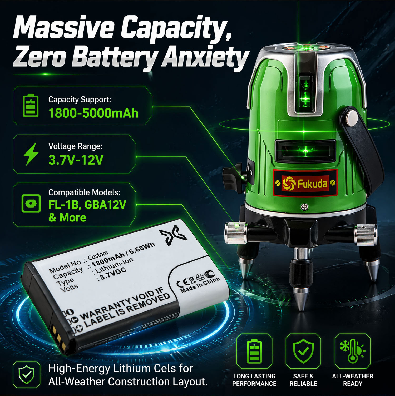 High Capacity Laser Level Battery