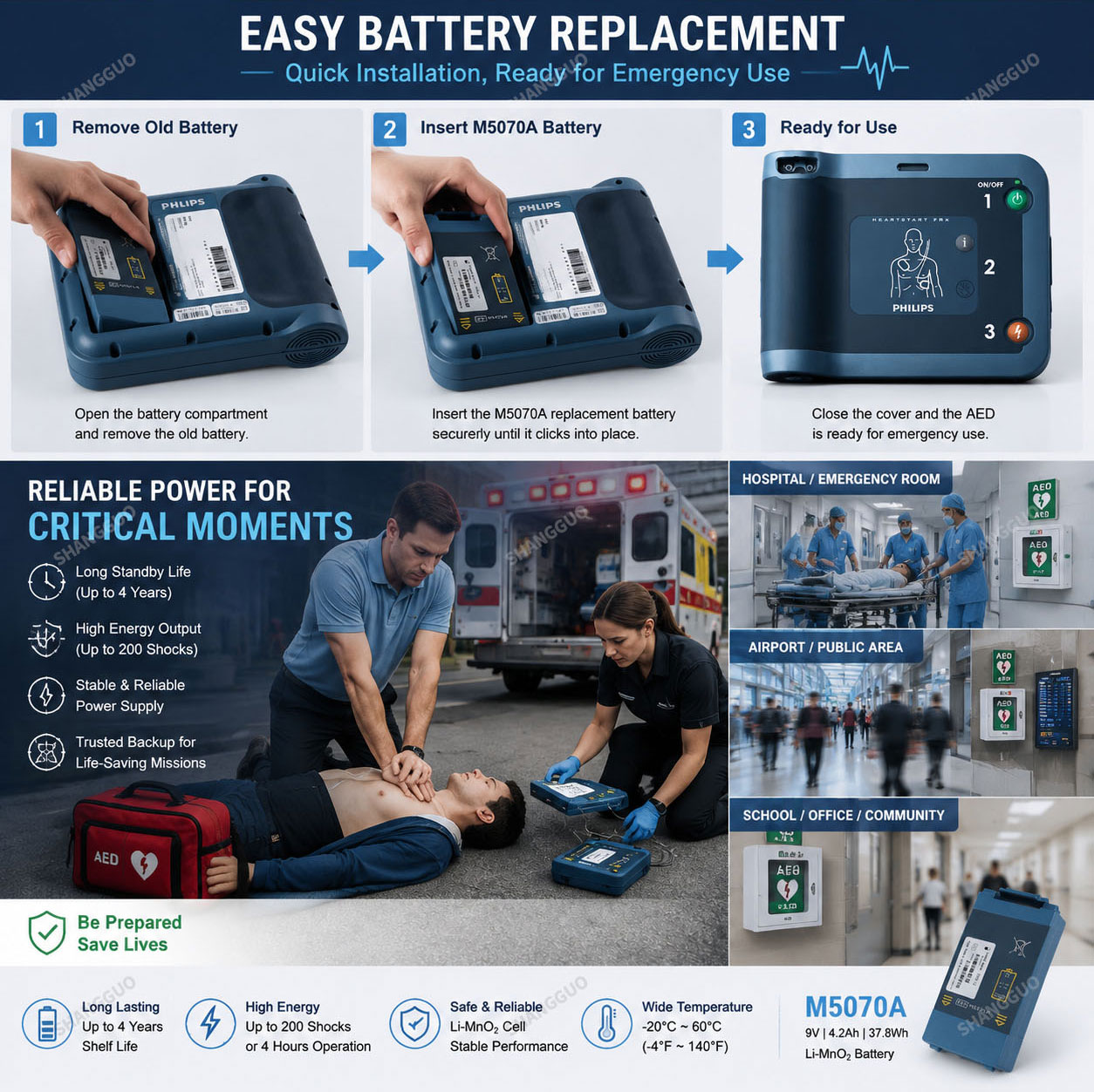 M5070A AED battery long shelf life emergency use M5070A AED battery long shelf life emergency use